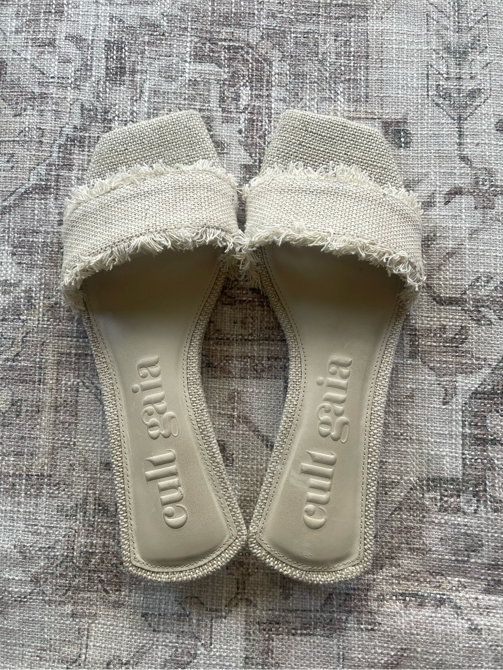 Cult Gaia cream frayed-band rafia boho chic coastal slide sandals